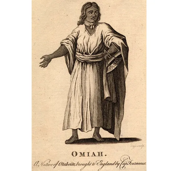 Omiah engraving showing Polynesian noble in 18th-century attire