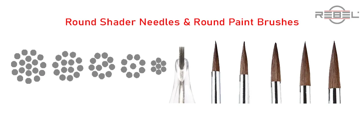 Round shader tattoo needle types compared to artist round paint brushes – REBEL educational graphic