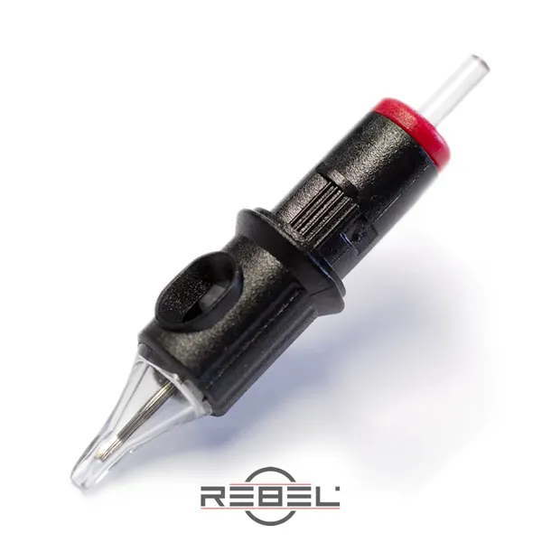Close-up of a REBEL tattoo cartridge with black housing and membrane system for precision tattooing.