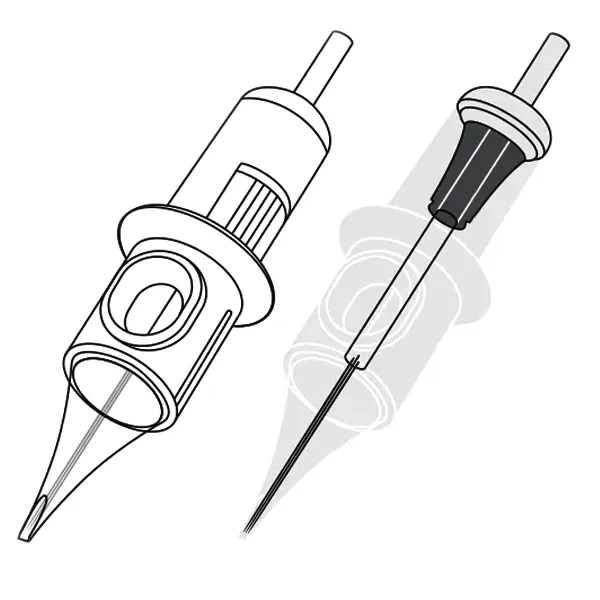 Tattoo cartridge diagram showing needle, tip, and plunger design for modern rotary machines
