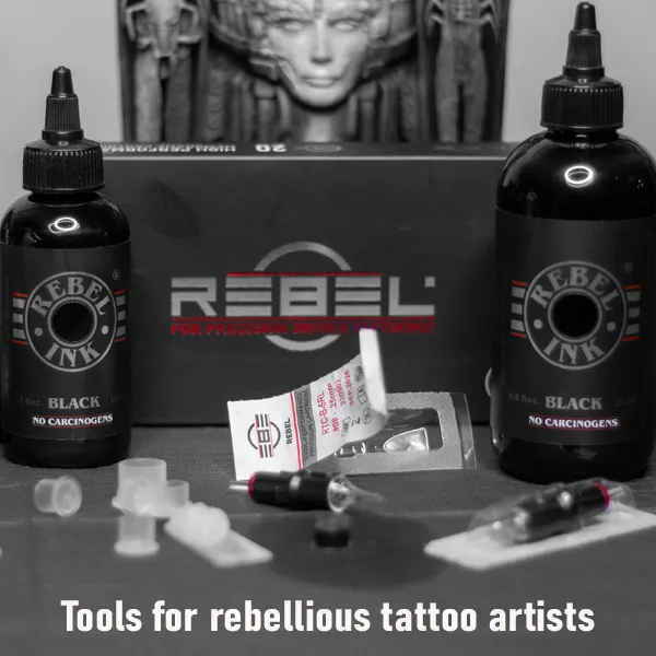 Tools for rebellious tattoo artists — REBEL Black Ink and cartridges supporting precision and safety