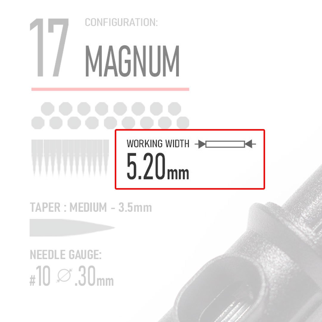 Closeup of REBEL 17 Magnum tattoo cartridge highlighting needle type and working Width