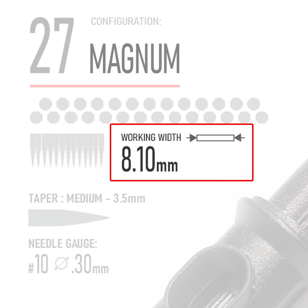 Closeup of REBEL 27 Magnum tattoo cartridge highlighting needle type and working Width