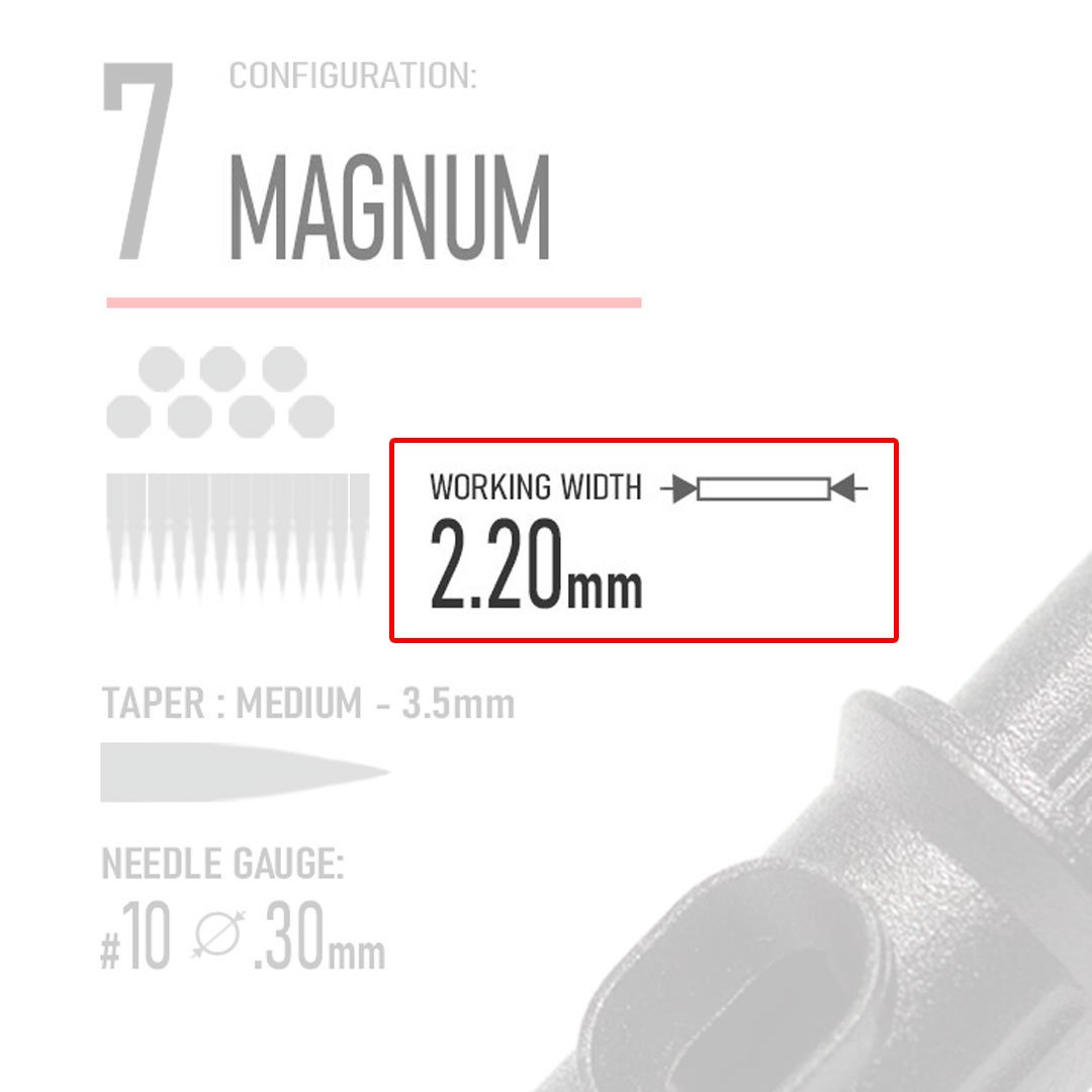 Closeup of REBEL 7 Magnum tattoo cartridge highlighting needle type and working Width