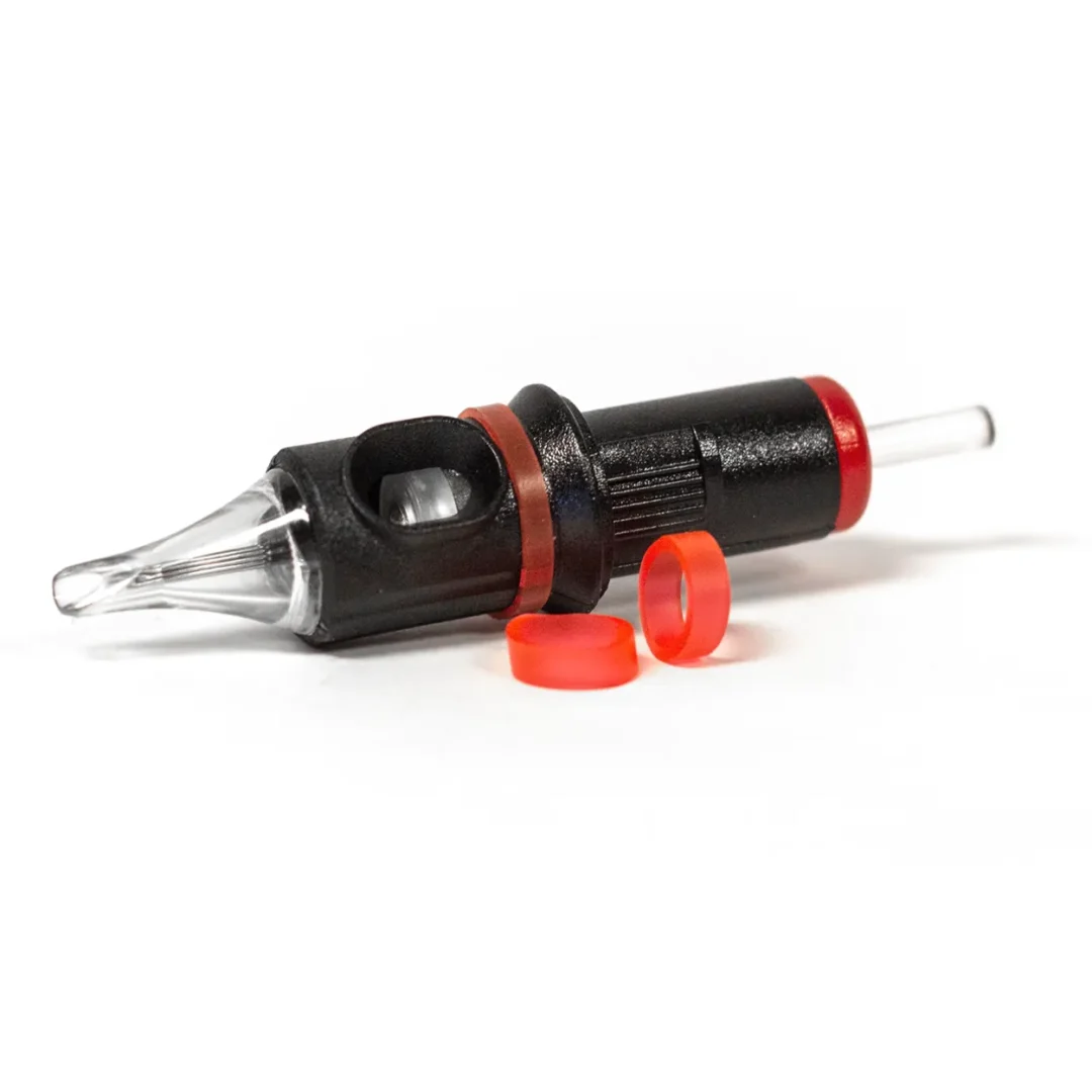 Red Band of REBELS elastic tattoo cartridge band installed on universal tattoo cartridge