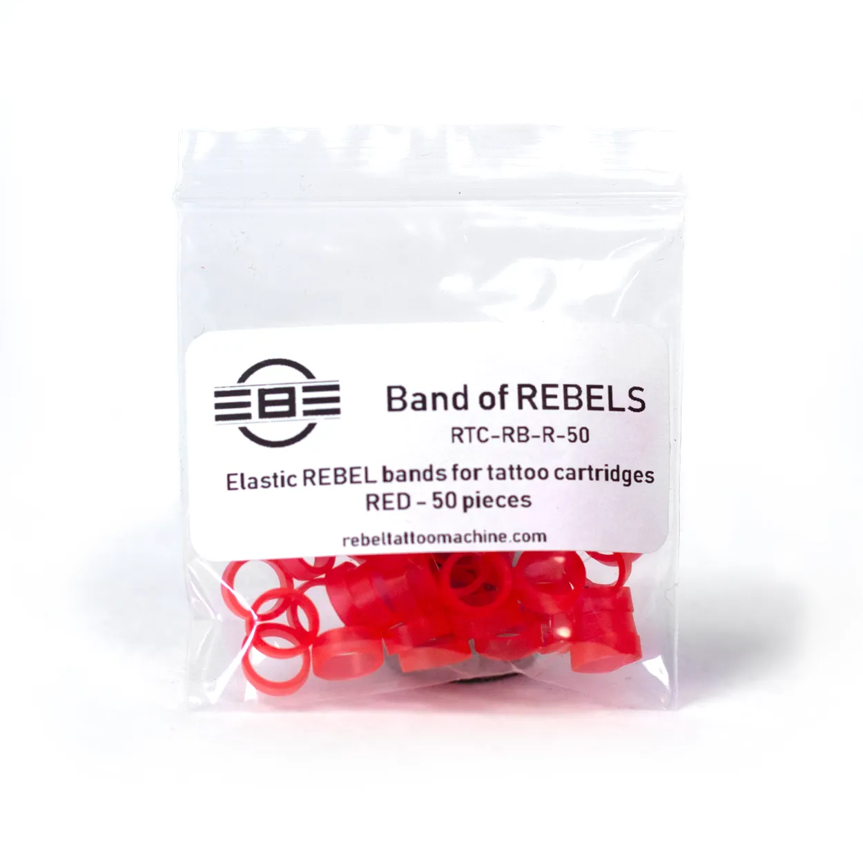 Red Band of REBELS tattoo cartridge bands – 50pc retail ziplock with REBEL label
