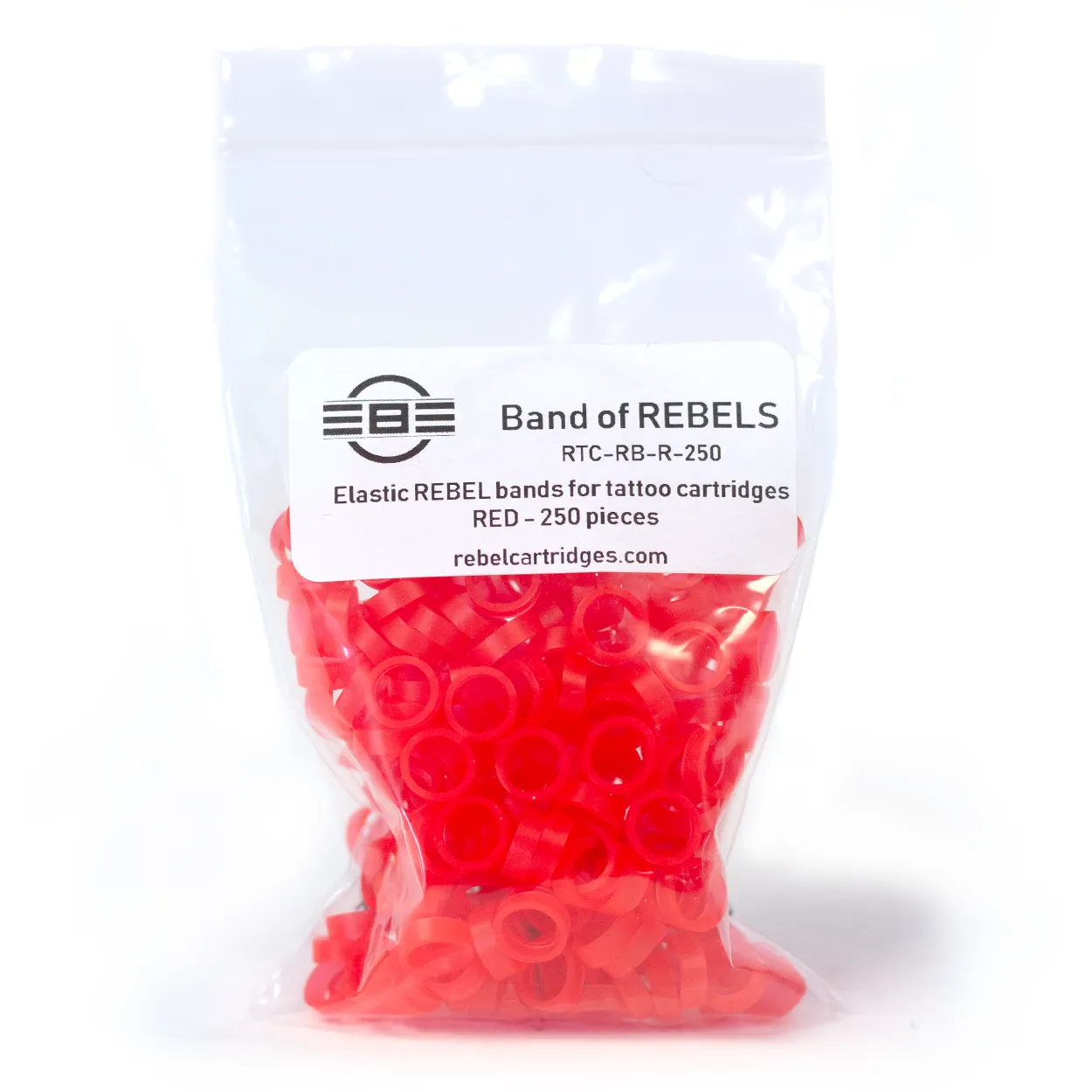 Red Band of REBELS tattoo cartridge bands – 250pc retail ziplock with REBEL label