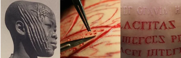 Scarification art with African primitive tools and modern scalpel technique compared to tattoo needle precision.