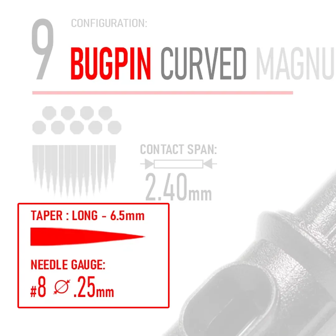 Closeup of REBEL Bugpin 9 Curved Magnum cartridge highlighting taper data and gauge details on web variation image