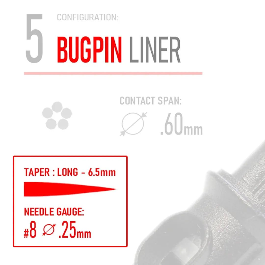 Closeup of REBEL Bugpin Liner cartridge label showing needle type name, taper type, and gauge details