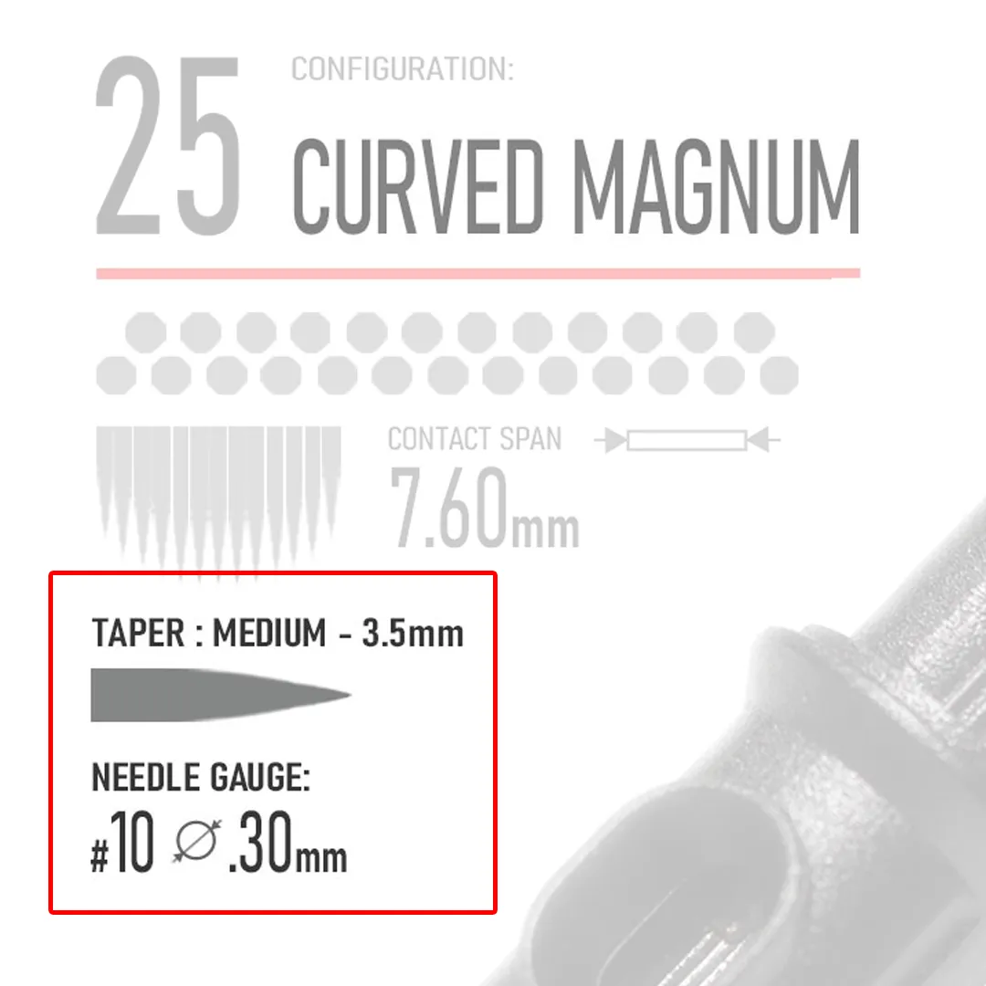 Close up of 25 Curved Magnum tattoo cartridge showing 3.5mm medium taper and 0.30mm #10 gauge