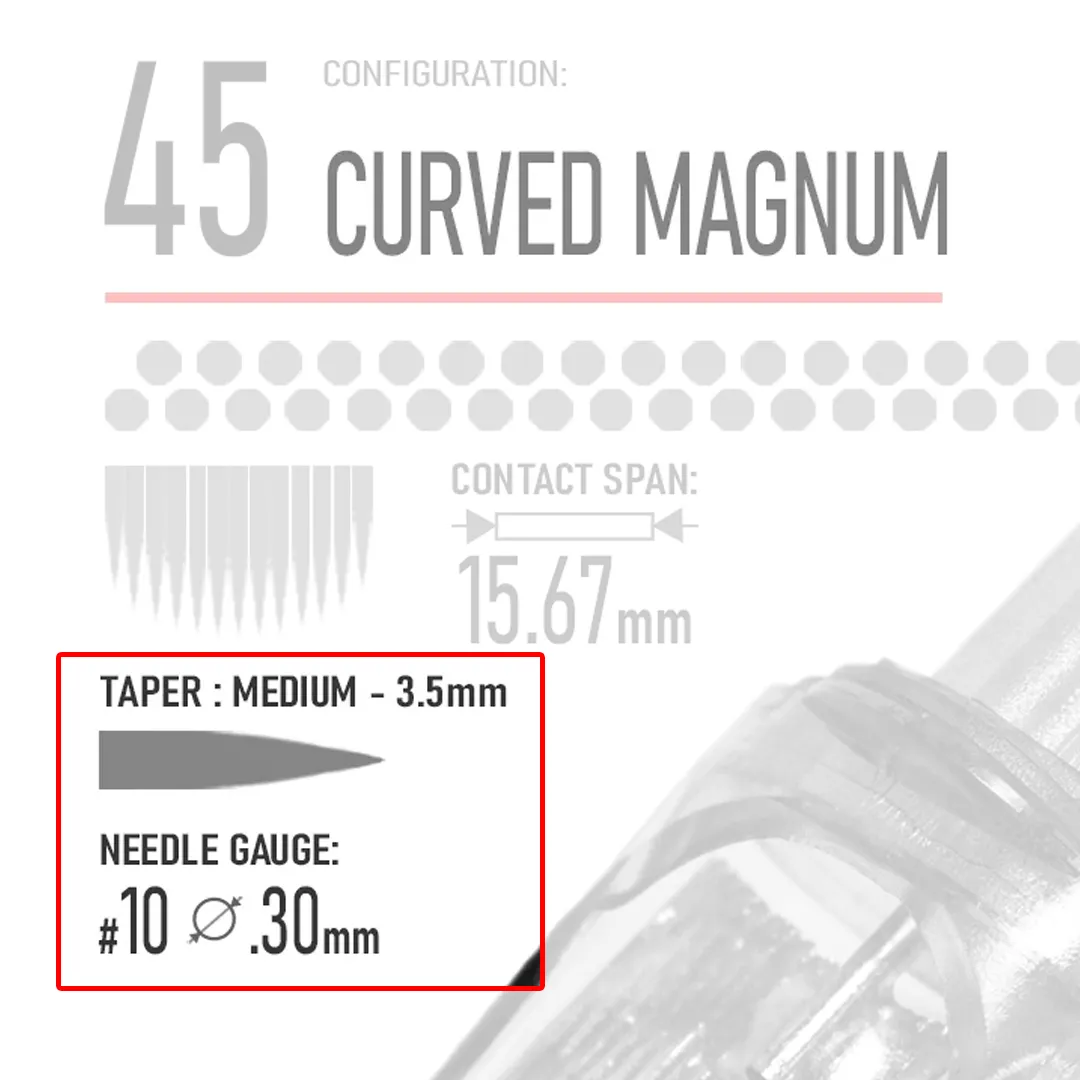 Closeup of REBEL 45 Curved Magnum GIANT cartridge highlighting taper data and gauge details on web variation image