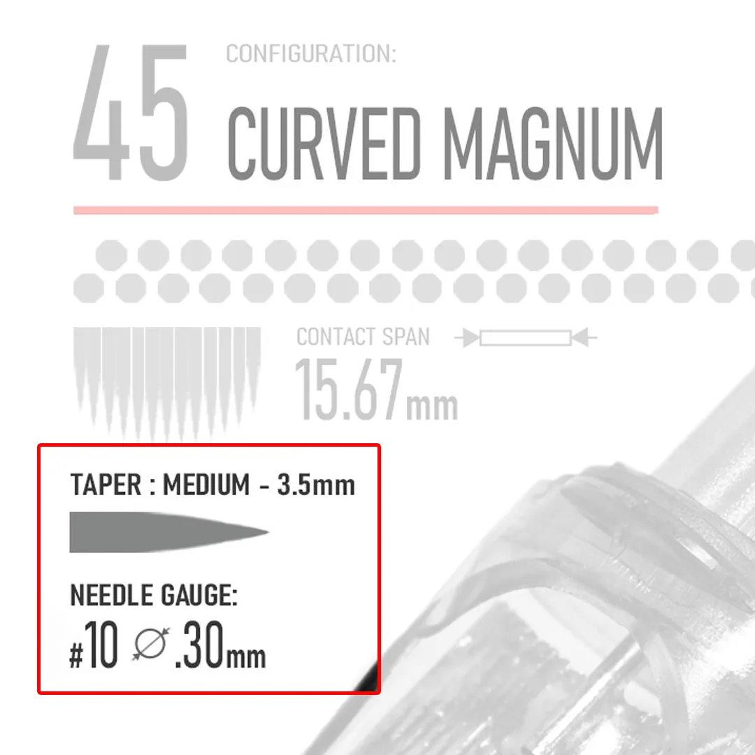 Close up of 45 Curved Magnum tattoo cartridge showing 3.5mm medium taper and 0.30mm #10 gauge
