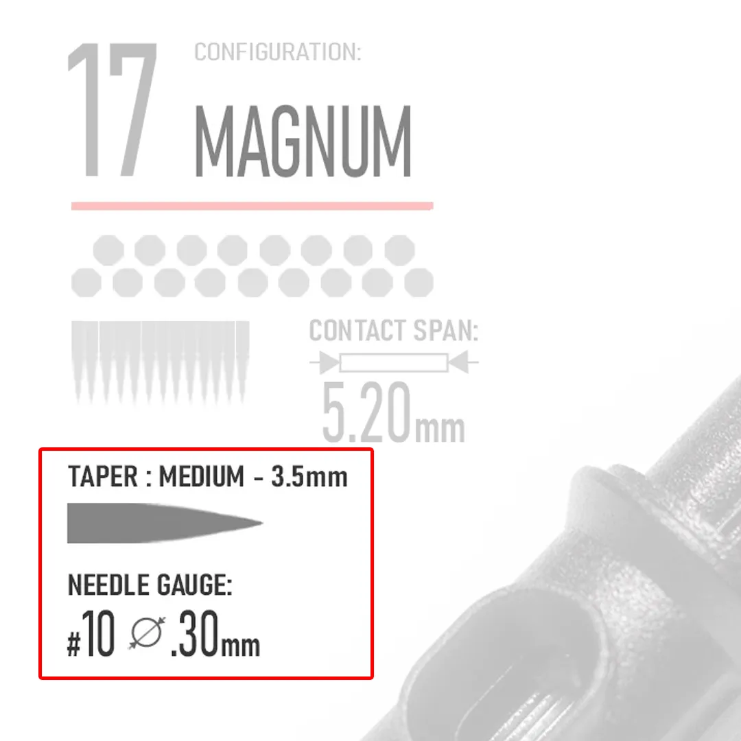 Closeup of REBEL 17 magnum cartridge highlighting needle type, Taper and Gauge