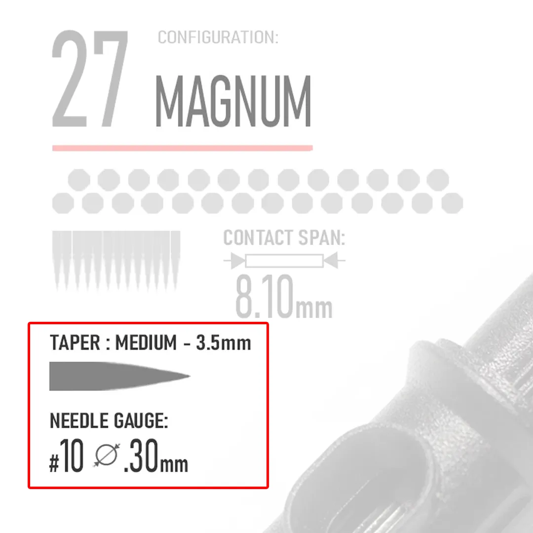 Closeup of REBEL 27 magnum cartridge highlighting needle type, Taper and Gauge
