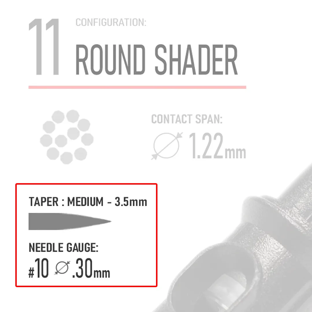 Closeup of REBEL 11 round shader cartridge highlighting needle type, Taper and Gauge