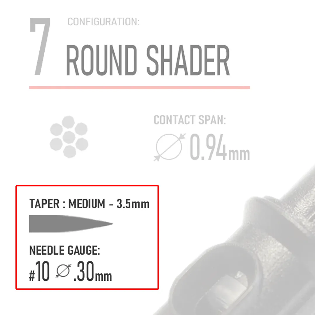 Closeup of REBEL 7 round shader cartridge highlighting needle type, Taper and Gauge