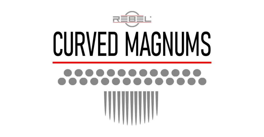 CURVED MAGNUMS tattoo needle type – REBEL grouping image with logo, red divider line, and gray circles