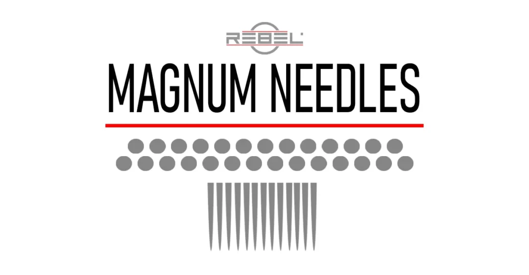 MAGNUMS tattoo needle type – REBEL category image with bold text, red divider, and shading group design