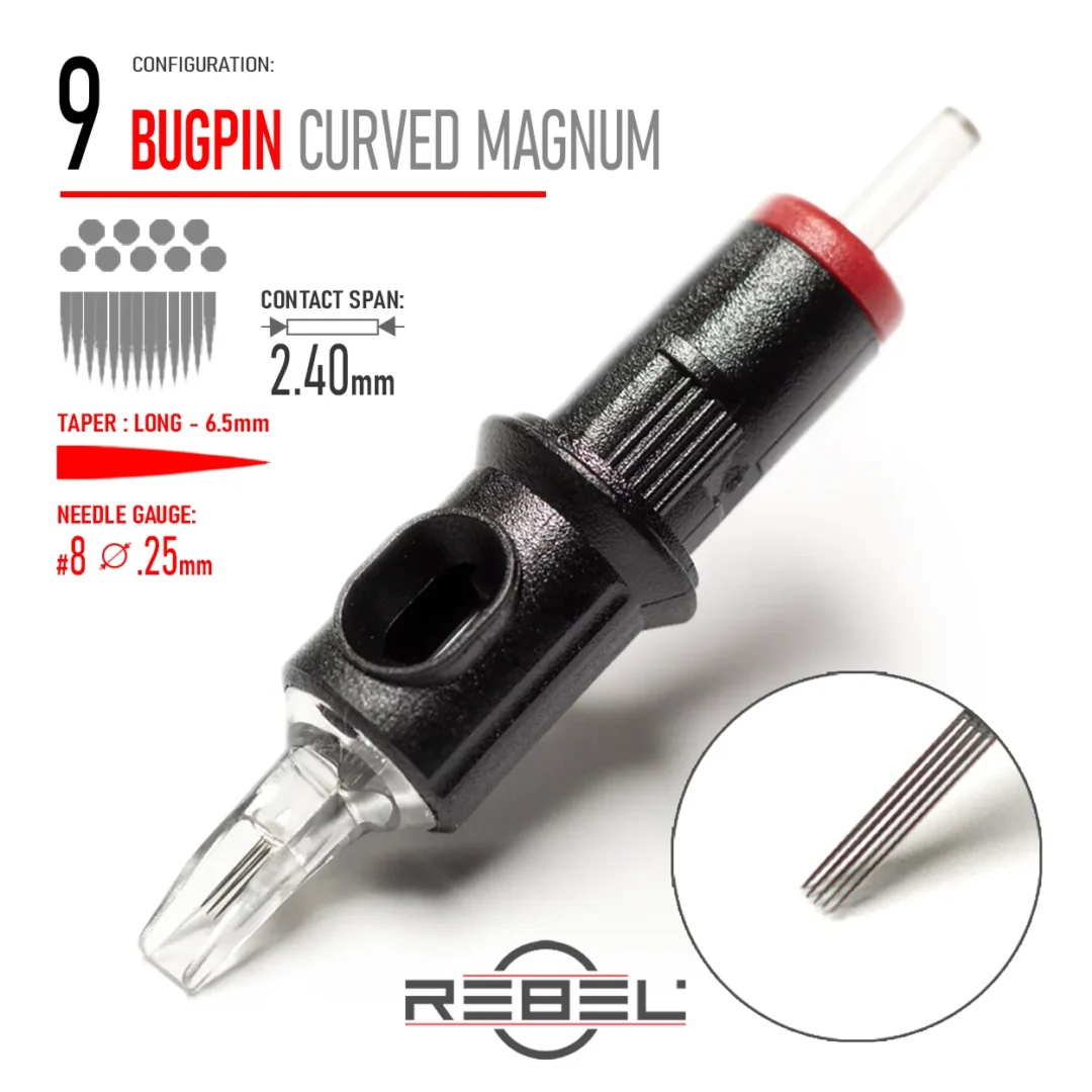 REBEL Precision 9 Bugpin Curved Magnum tattoo cartridge with 0.25mm #8 gauge, 6.5mm long taper, and 2.40mm contact span