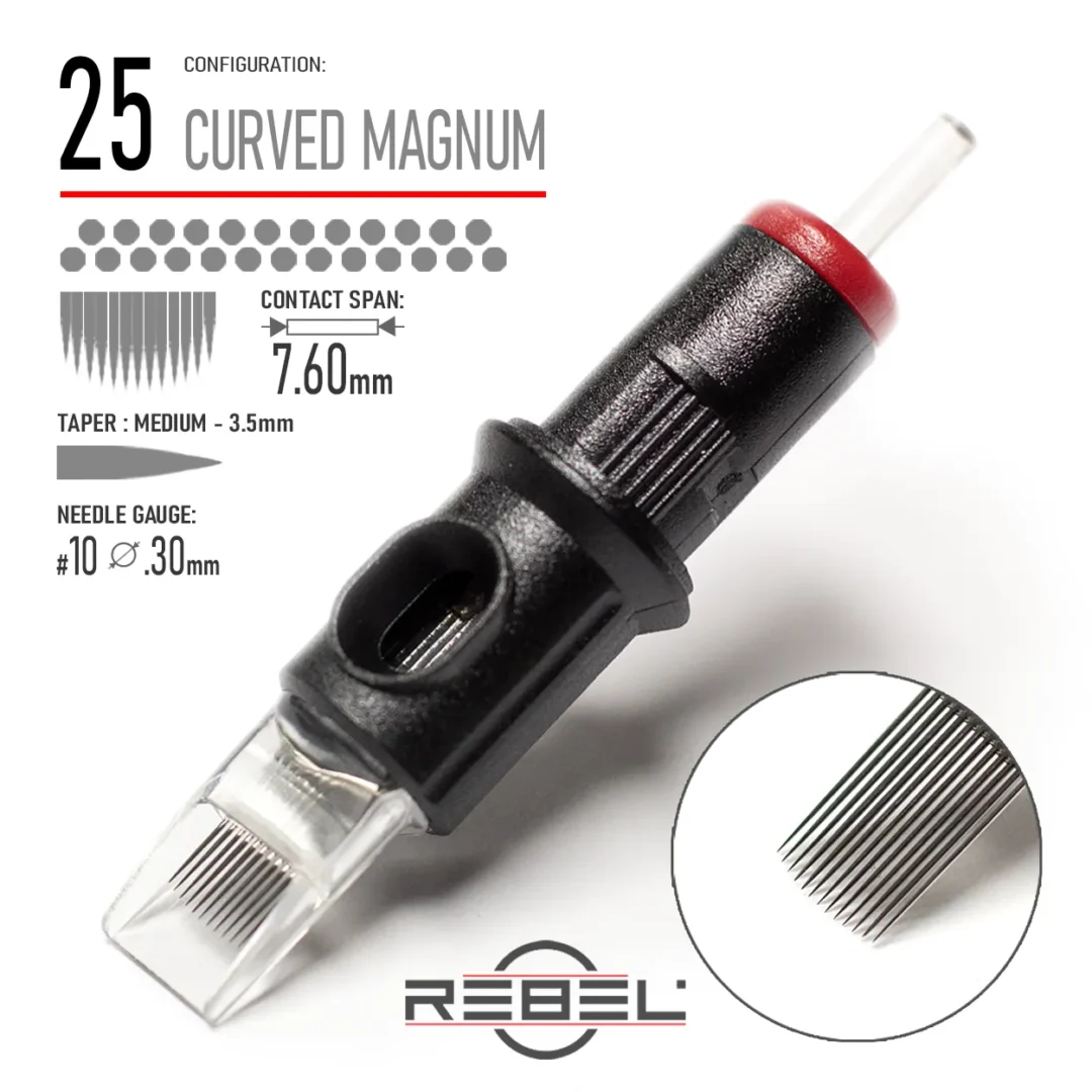 REBEL Precision 25 Curved Magnum tattoo cartridge with 0.30mm #10 gauge, 3.5mm medium taper, and 7.60mm contact span