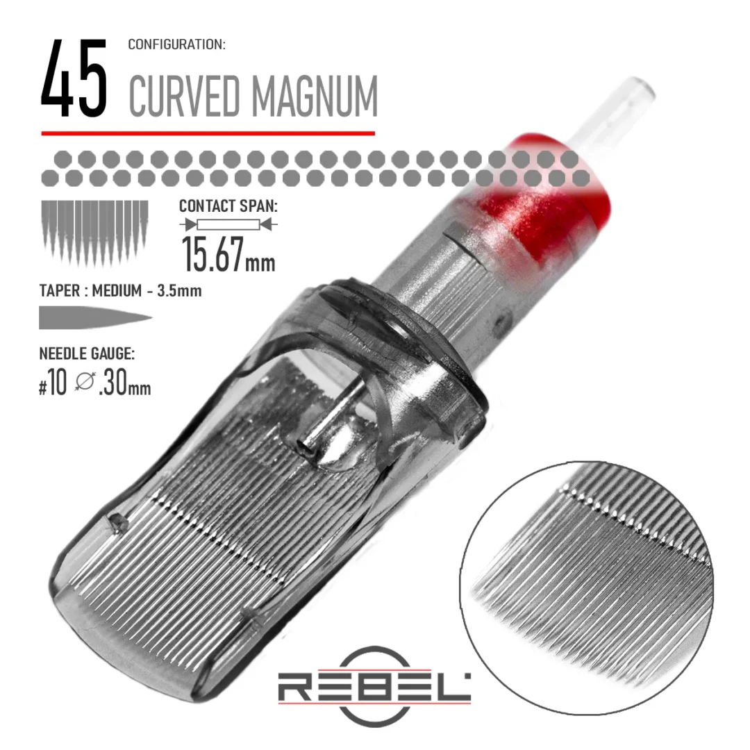 REBEL Precision 45 Curved Magnum tattoo cartridge with 0.30mm #10 gauge, 3.5mm medium taper, and 15.67mm contact span