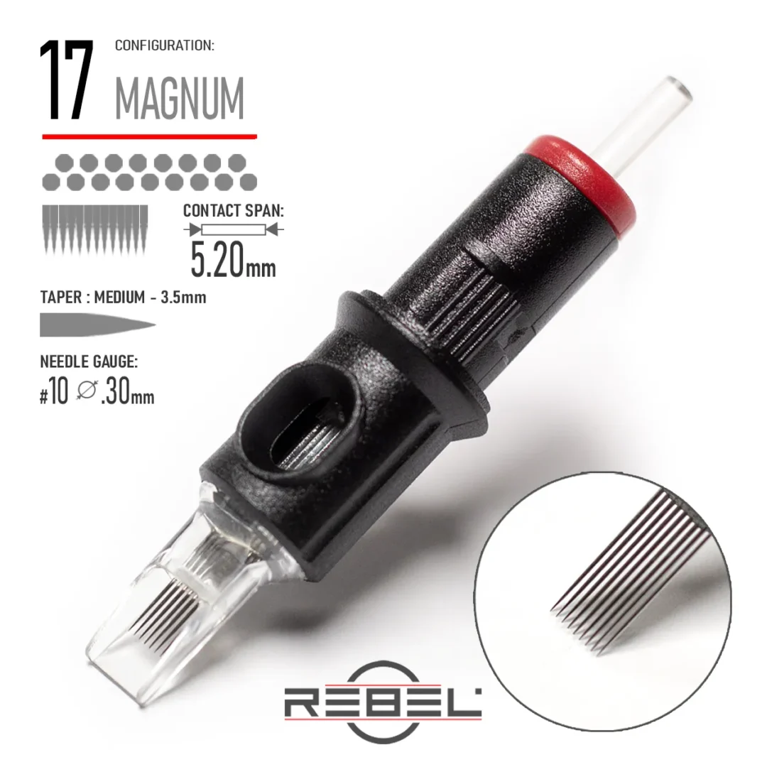 REBEL Precision 17 Magnum tattoo cartridge with 0.30mm #10 gauge, 3.5mm medium taper, and 5.20mm contact span
