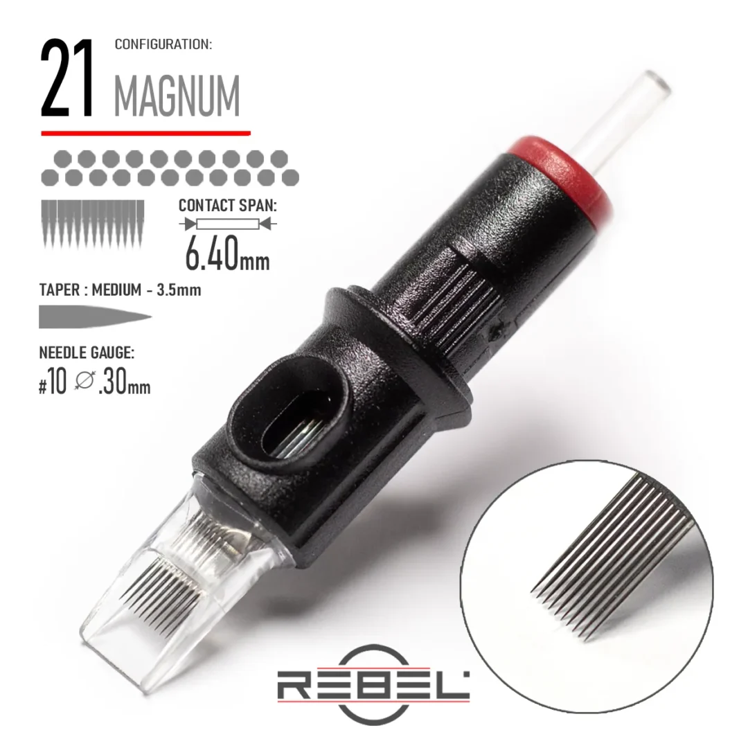 REBEL Precision 21 Magnum tattoo cartridge with 0.30mm #10 gauge, 3.5mm medium taper, and 6.40mm contact span