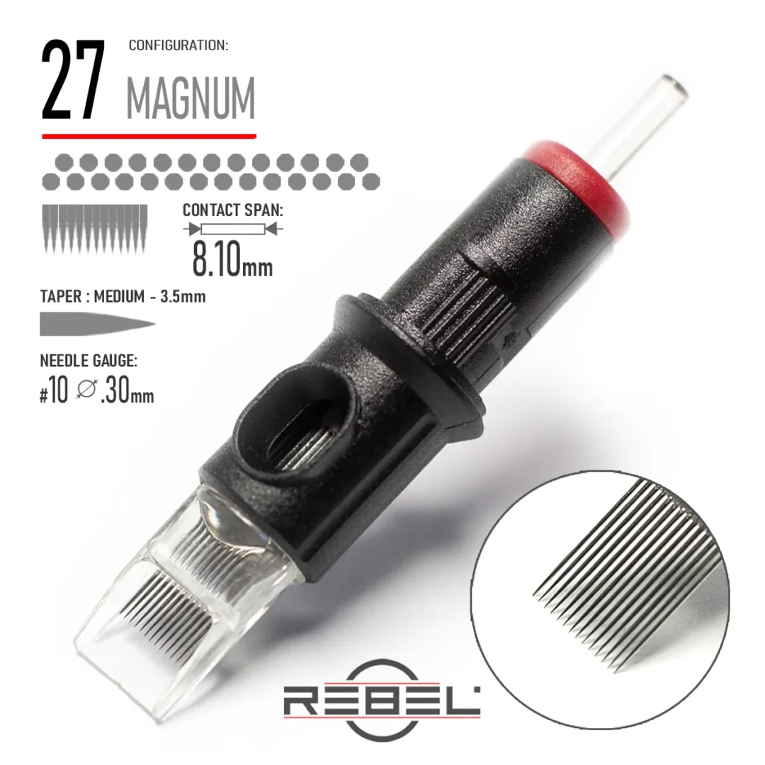 REBEL Precision 27 Magnum tattoo cartridge with 0.30mm #10 gauge, 3.5mm medium taper, and 8.10mm contact span