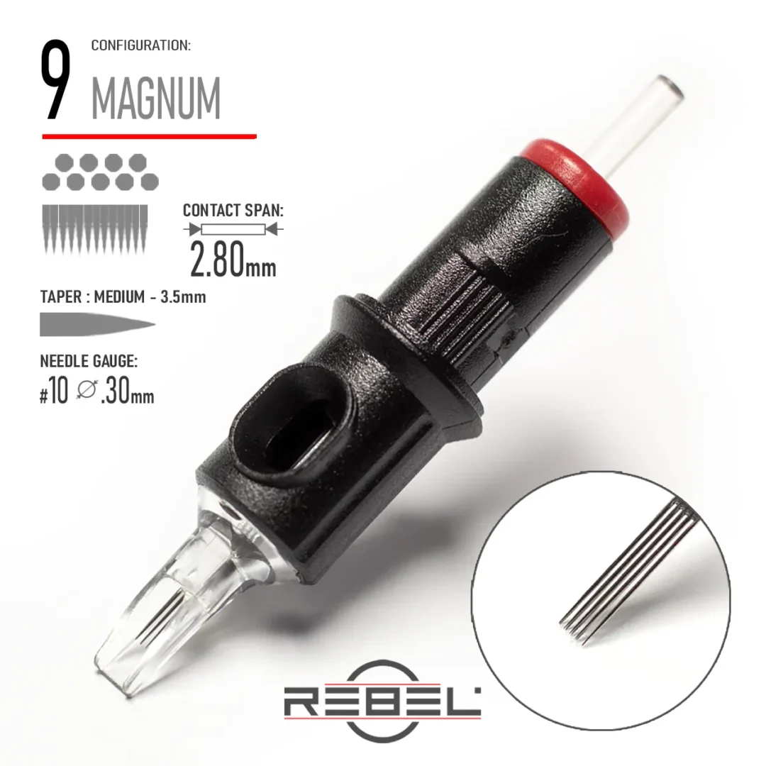 REBEL Precision 9 Magnum tattoo cartridge with 0.30mm #10 gauge, 3.5mm medium taper, and 2.80mm contact span