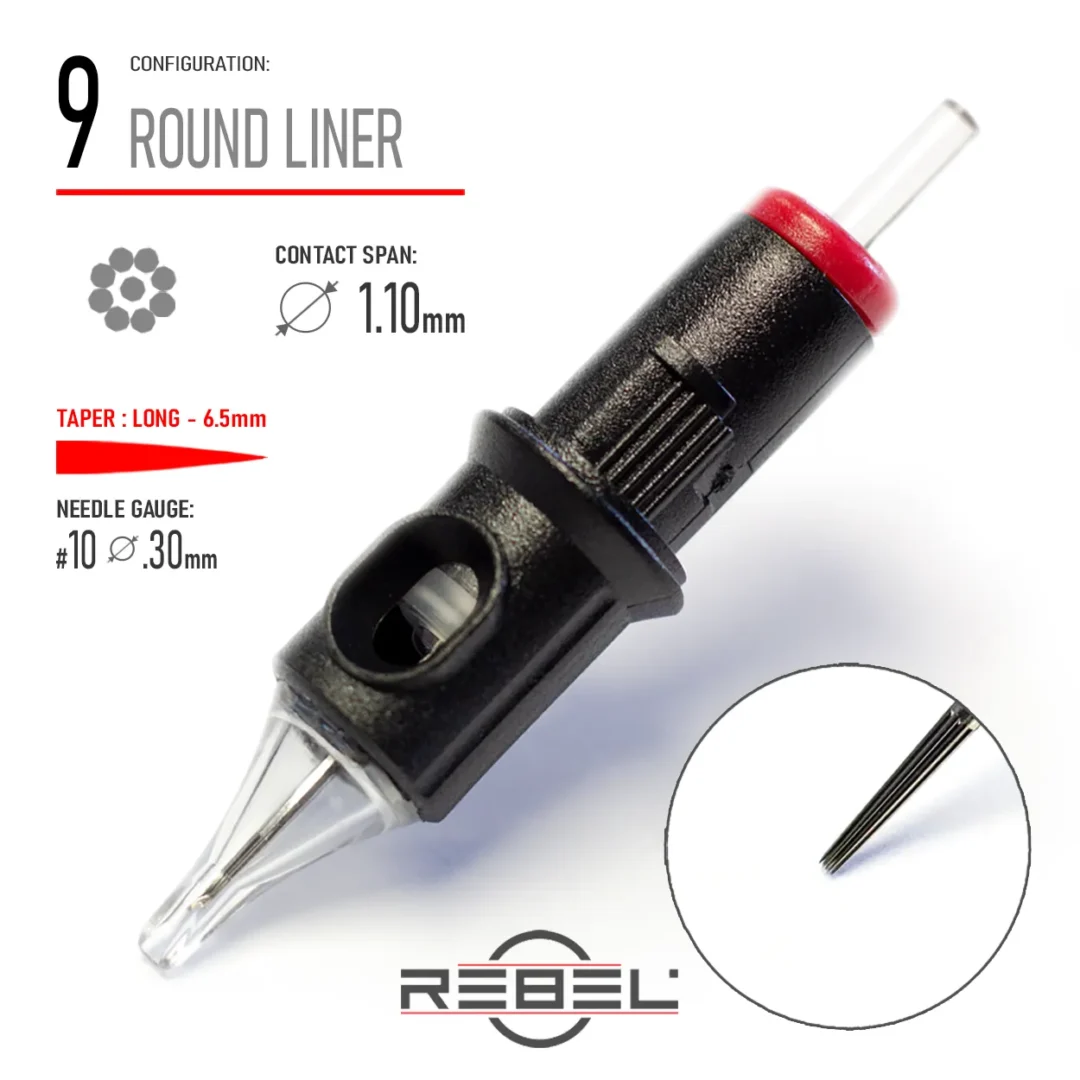 9 Round Liner tattoo cartridge with 0.30mm #10 gauge, 6.5mm long taper, and 1.10mm contact span