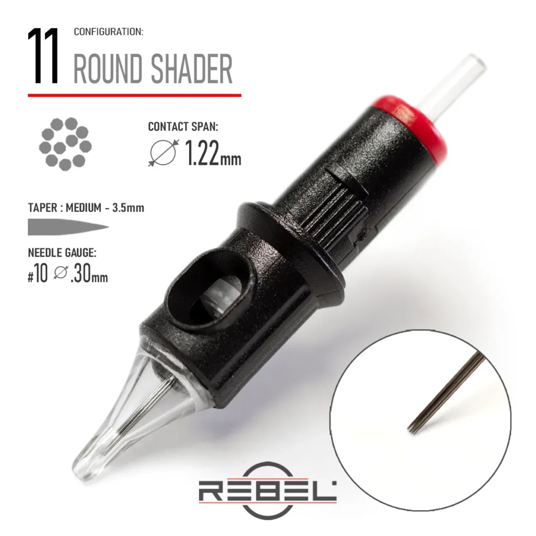 REBEL Precision 11 Round Shader tattoo cartridge with 0.30mm #10 gauge, 3.5mm medium taper, and 1.22mm contact span