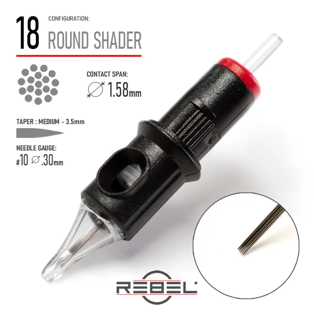 REBEL Precision 18 Round Shader tattoo cartridge with 0.30mm #10 gauge, 3.5mm medium taper, and 1.58mm contact span