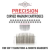 REBEL Precision Curved Magnum tattoo cartridge category for smooth shading, flawless color blends, and reduced skin trauma