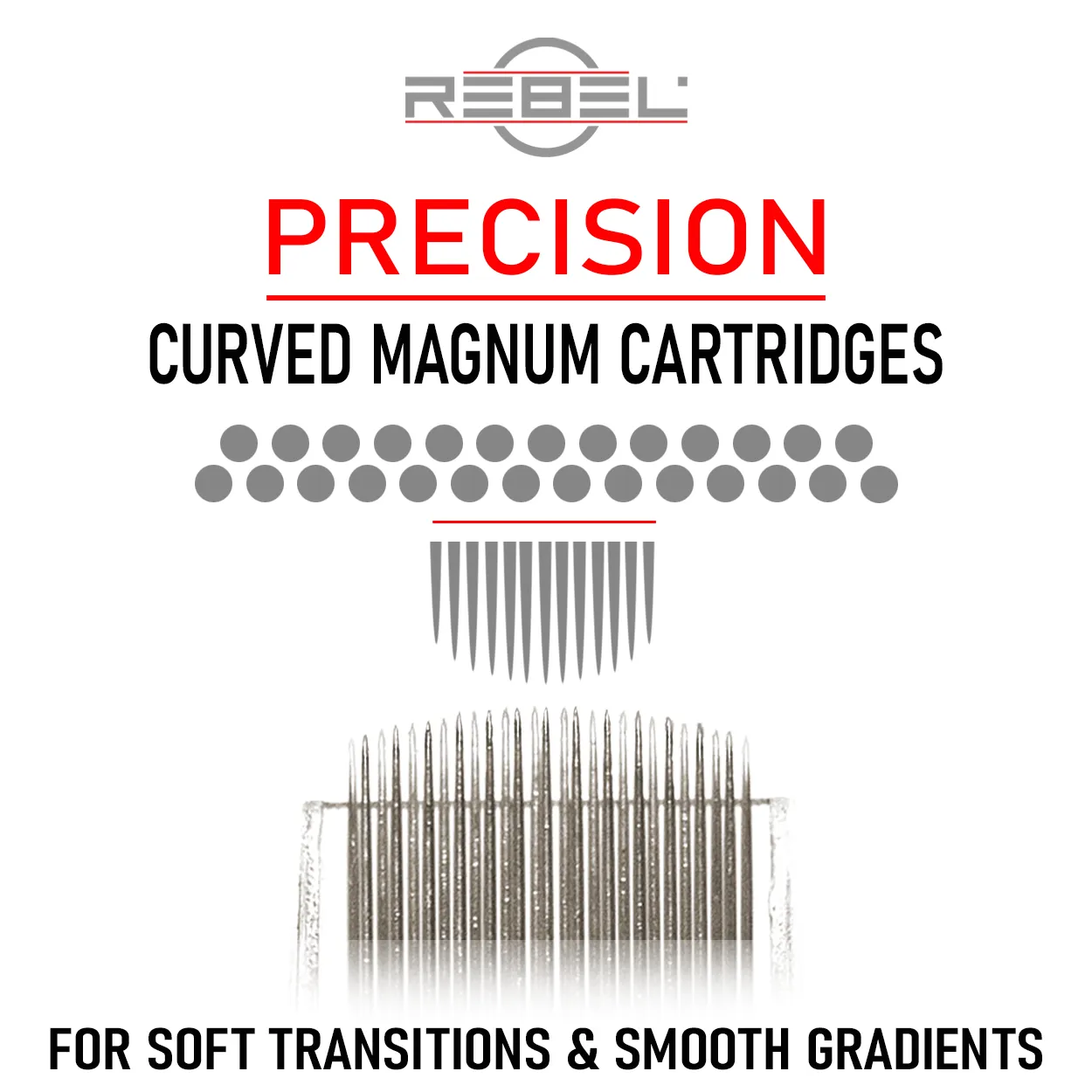 REBEL Precision Curved Magnum tattoo cartridge category for smooth shading, flawless color blends, and reduced skin trauma