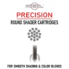 REBEL Precision Round Shader tattoo cartridge category for smooth shading, solid color packing, and even gradients