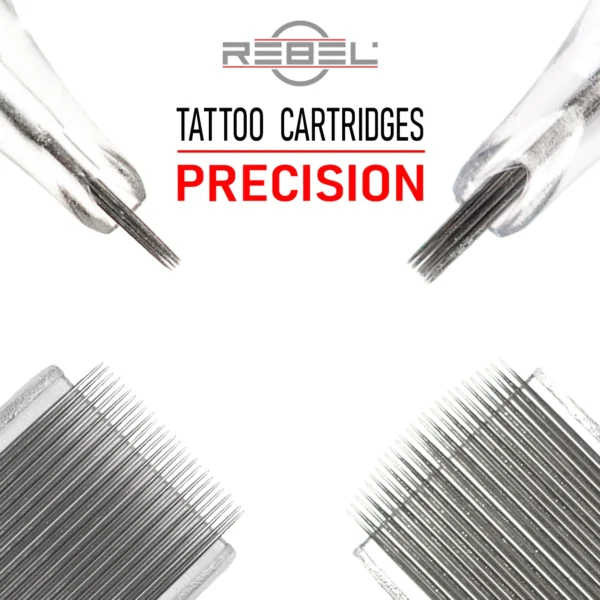 REBEL Precision Tattoo Cartridges category image showing close-up liners, round shaders, magnums, and curved magnums needle groupings with bold precision branding.