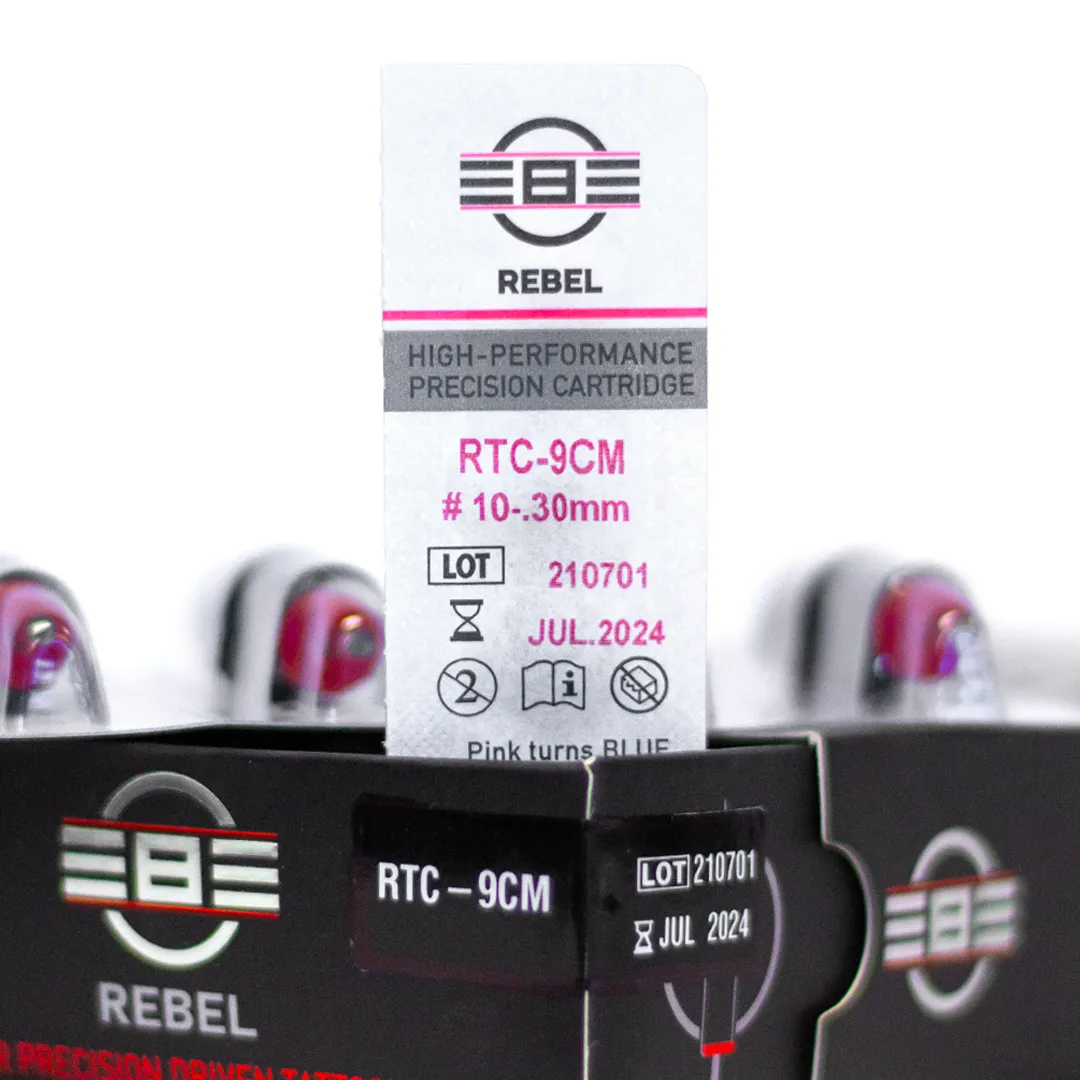 REBEL 9 Curved Magnum tattoo needle retail box with open drawer, cartridge and blister pack showing RTC coding, gauge, and details