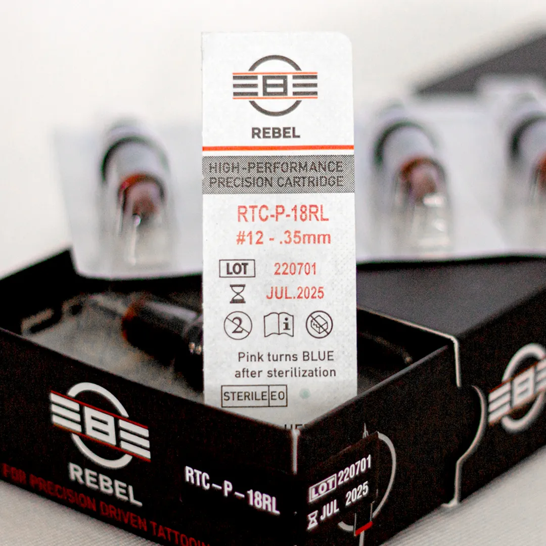 POWER Liner tattoo needle category retail box with open drawer, cartridge and blister pack showing RTC coding, gauge, and details