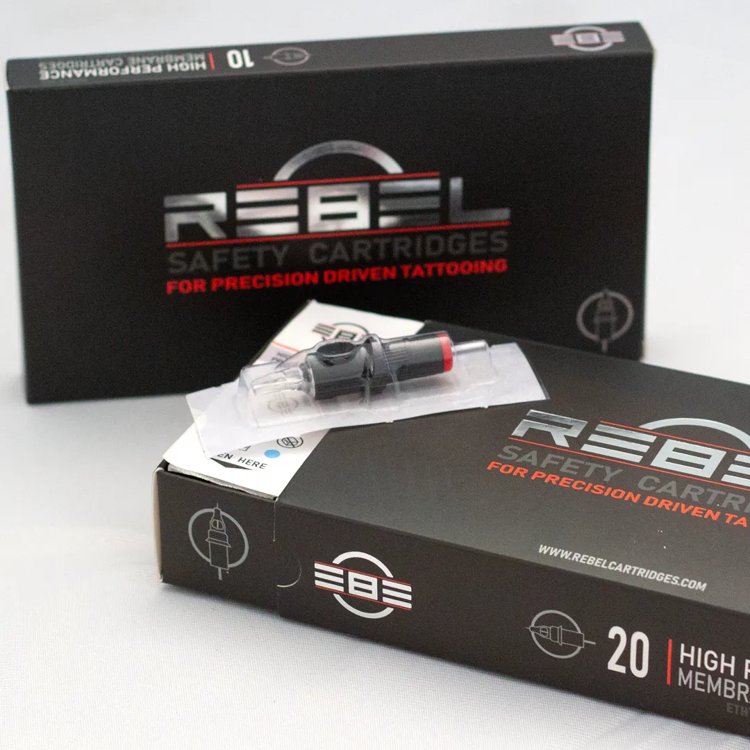 REBEL Precision Round Shader Tattoo Cartridge box with single cartridge displayed