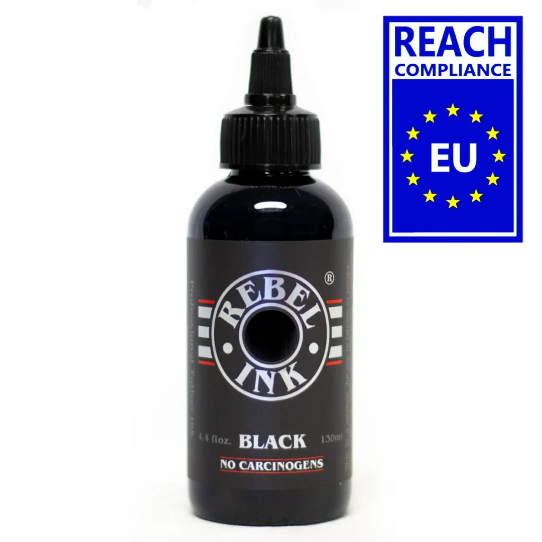 REBEL Black Tattoo Ink 4,4oz bottle with REACH EU compliant badge, no carcinogen formula for safe professional tattooing