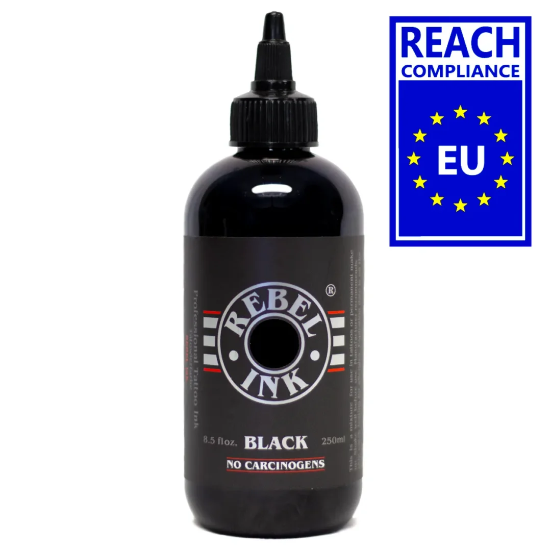 REBEL Black Tattoo Ink 8.5oz bottle with REACH EU compliant badge, no carcinogen formula for safe professional tattooing