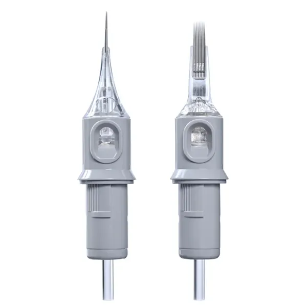 Front view of gray tattoo cartridges with round liner and magnum needle groupings