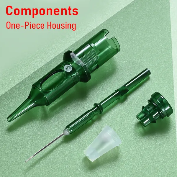 Tattoo cartridge components with one-piece green housing, plunger assembly, membrane cap, and needle grouping.