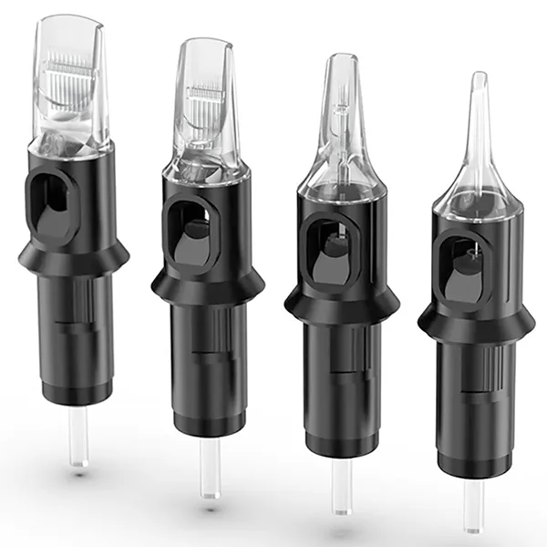 Set of four tattoo cartridges with clear tips and black housings (liners and magnums)