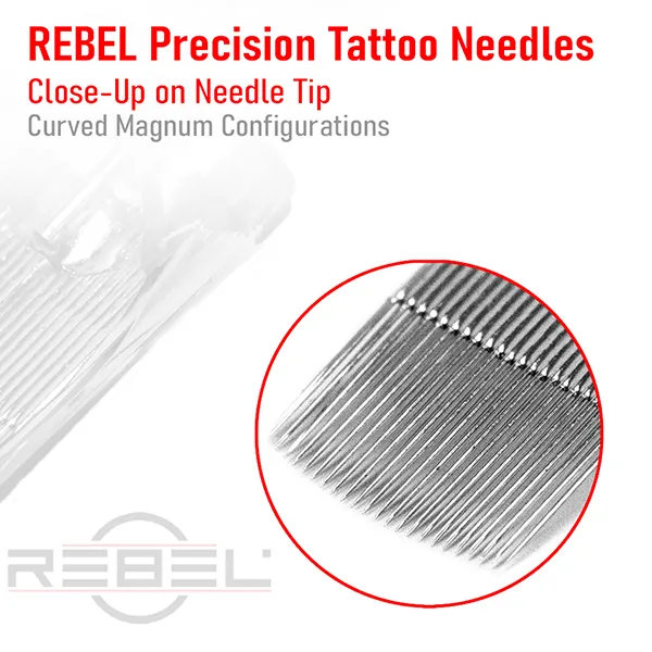 Detailed macro of REBEL curved magnum tattoo needles showing rounded arc tip for smooth blending.
