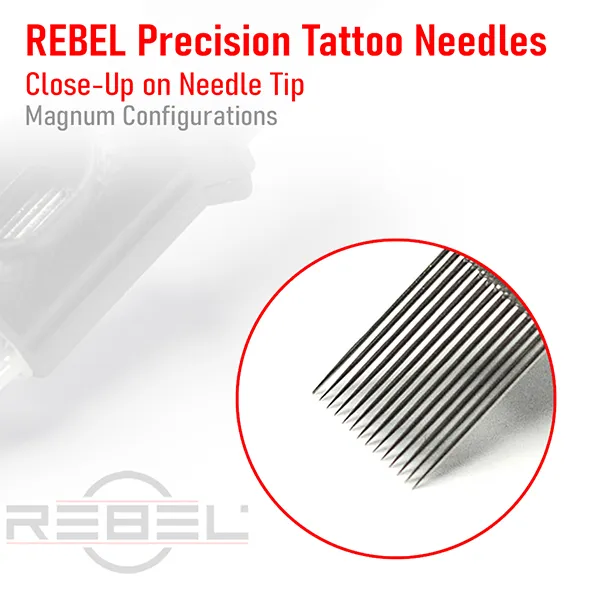 Close-up image of REBEL magnum tattoo needles arranged in dual-row z-pattern for smooth ink coverage.