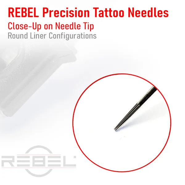 Close-up of REBEL round liner tattoo needles showing uniform taper and tight grouping.