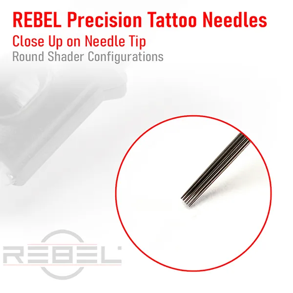 Detailed macro of REBEL round shader tattoo needles showing balanced grouping for smooth tonal shading.