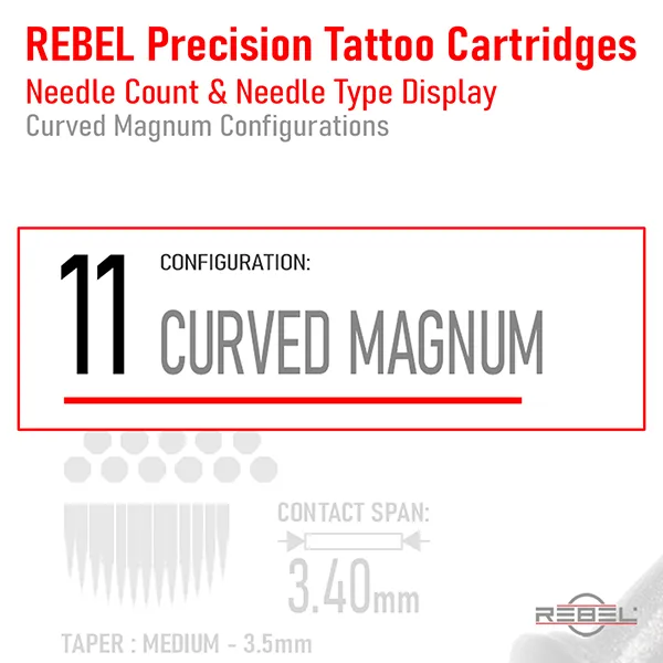 REBEL precision cartridge label showing needle count and curved magnum configuration name